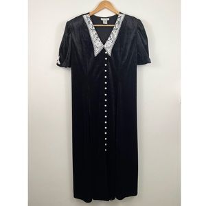 Vintage Ultra Black Pearl Button Down Velvet Dress with Crochet Collar Academia